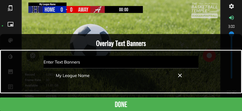 Configurando sobreposições de banners de texto personalizados da liga e da equipe na interface do aplicativo BT Soccer Camera.