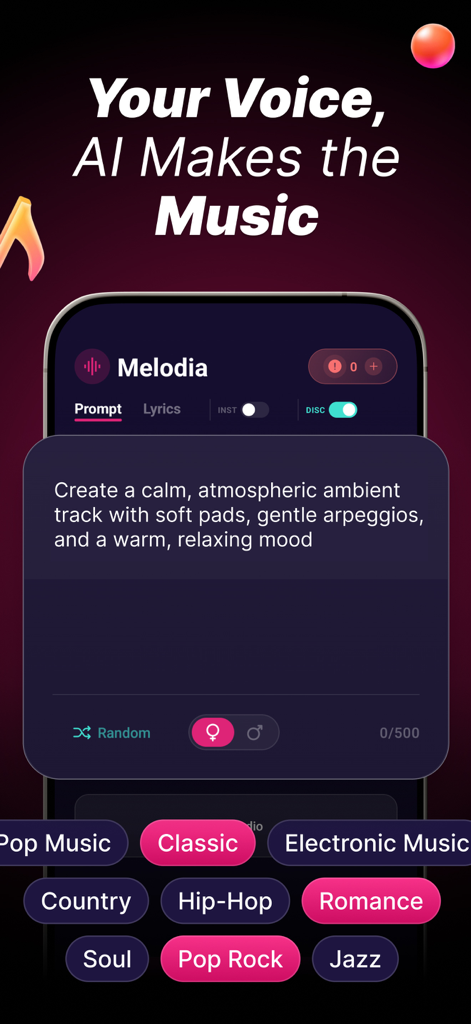 Melodiai - AI Song Music Maker - Interface of Melodiai app showing a prompt to create an atmospheric ambient track with a list of music genres like Hip-Hop and Pop