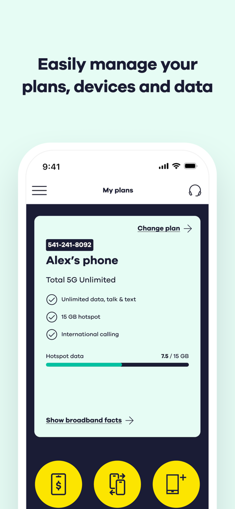 My Total Wireless: Account App - Total Wireless app screen showing mobile plan details and data usage tracking