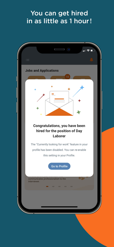 Smartphone-Bildschirm zeigt eine Benachrichtigung von AppyHere mit der Meldung Herzlichen Glückwunsch, Sie wurden als Tagesarbeiter eingestellt