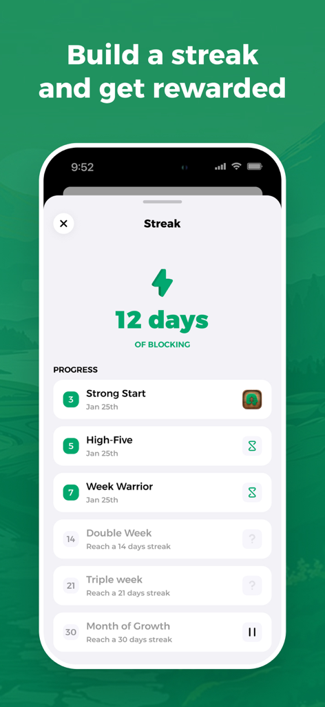 Roots: Screen Time Control - Smartphone screen showing a 12 day blocking streak and progress milestones in the Roots app