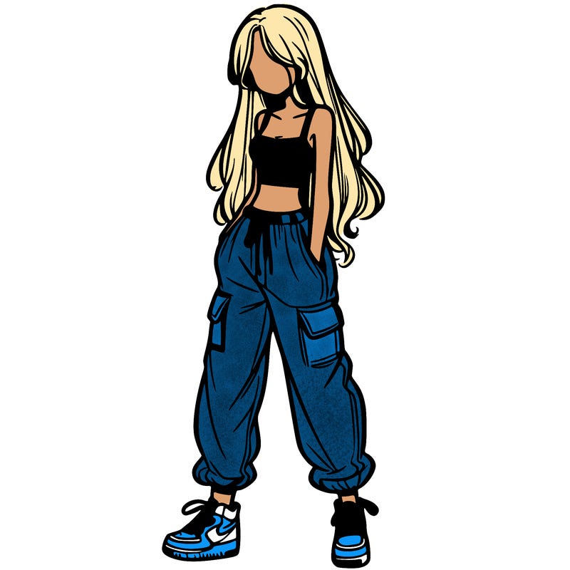 girl in baggy pants crop top and long hair