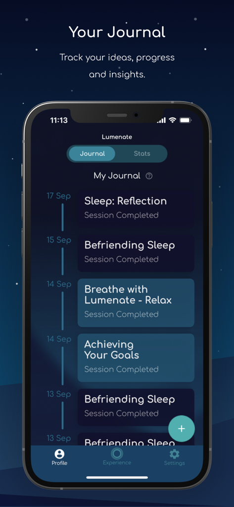 Schermata del diario dell'app Lumenate che mostra una cronologia delle sessioni di meditazione completate