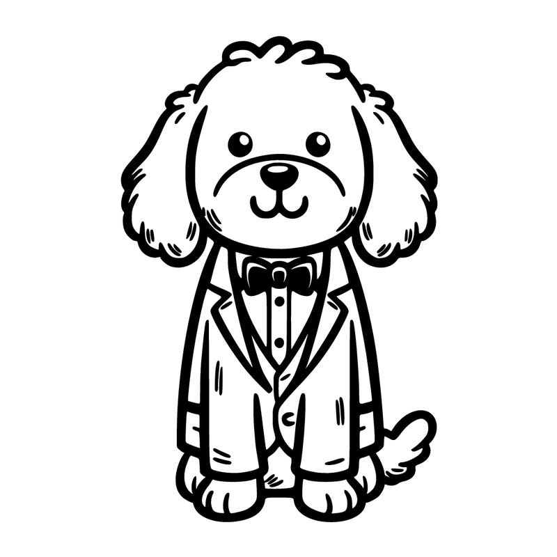 a golden doodle wearing a tuxedo