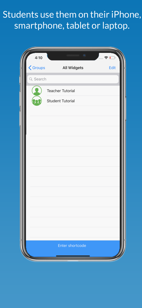 Pantalla de smartphone mostrando la interfaz de la aplicación BookWidgets con una lista de tutoriales para profesores y estudiantes.