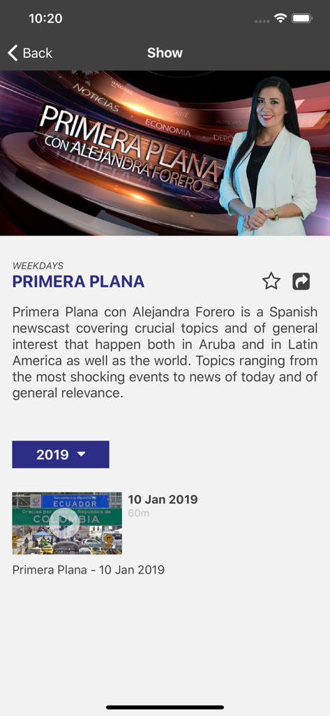 Telearuba mobile app screen for the Spanish newscast Primera Plana.