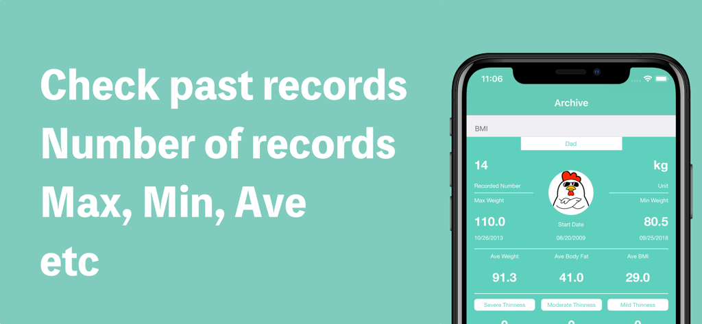 Family Weight Tracker - Captura de tela da tela de arquivo do aplicativo Family Weight Tracker mostrando dados e estatísticas de peso históricos