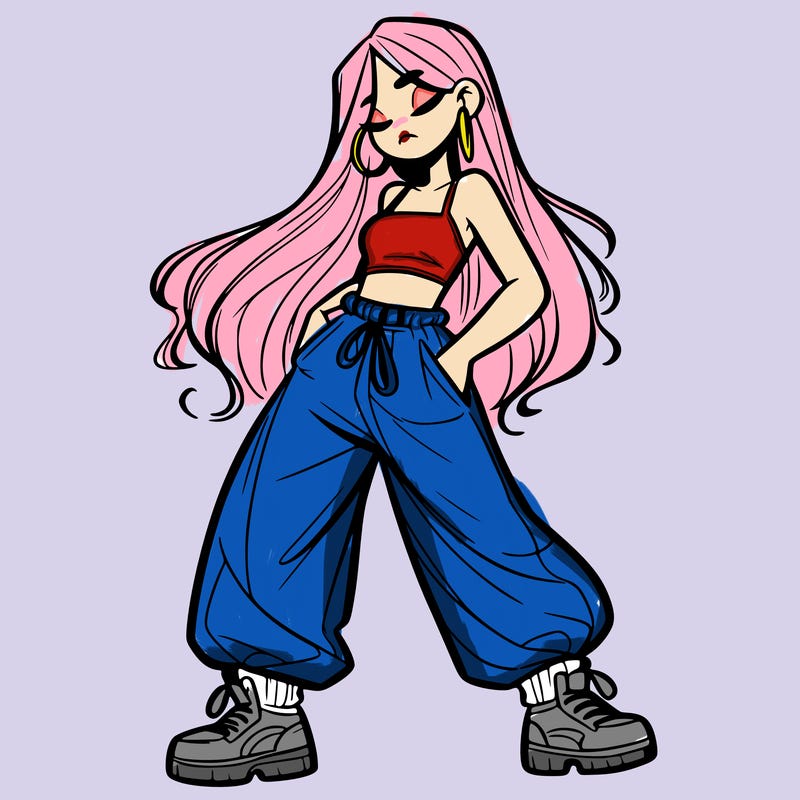 girl in baggy pants crop top and long hair