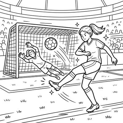 Dive into the heart of the action with this dynamic coloring page featuring a crucial soccer penalty kick. Bring the excitement of the game to life with your own vibrant color choices for the players and the stadium.