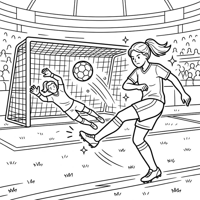 Dive into the heart of the action with this dynamic coloring page featuring a crucial soccer penalty kick. Bring the excitement of the game to life with your own vibrant color choices for the players and the stadium.