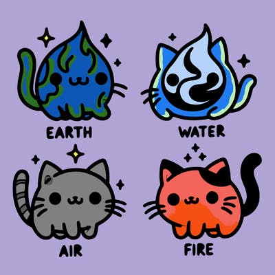 4 cats that represent the different elements, earth, water, air, and fire