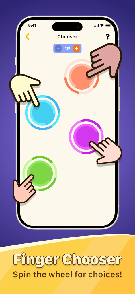 Finger Chooser app interface showing multiple hands touching colorful circles on a screen to make a random selection