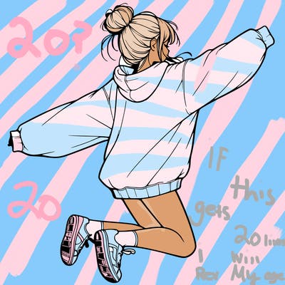 realistic girl jumping with a bun and oversized sweatshirt