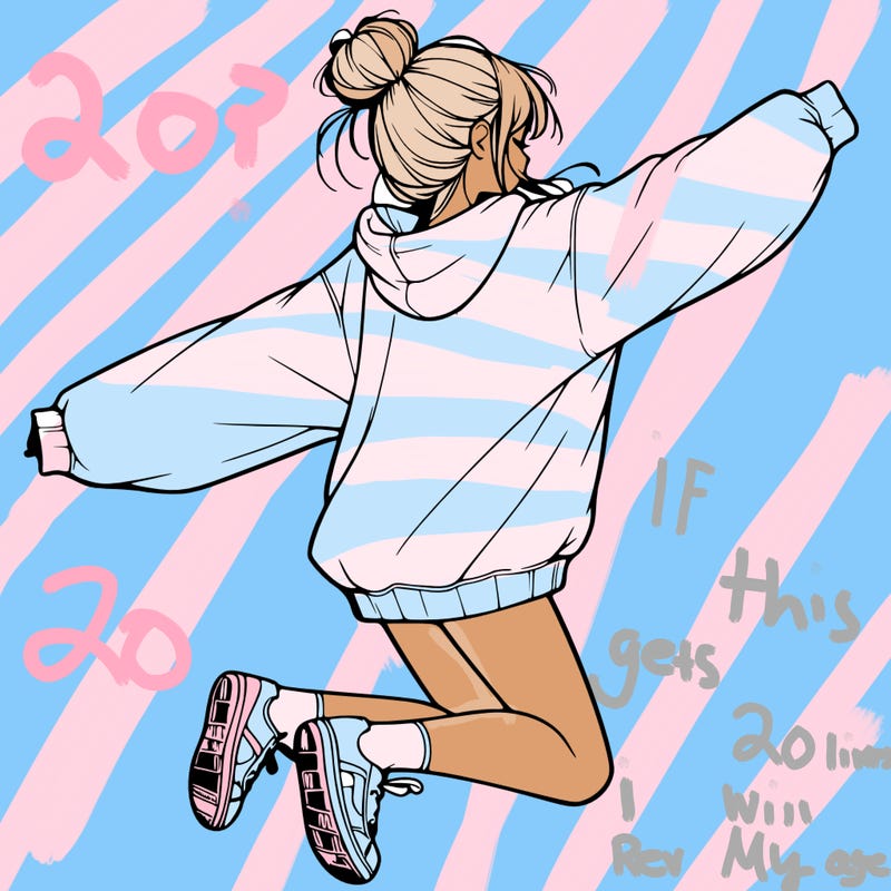 realistic girl jumping with a bun and oversized sweatshirt