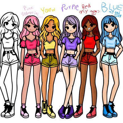 a group of girls wearing crop tops and shorts