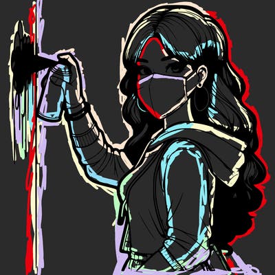 realistic girl with mask spray painting a wall
