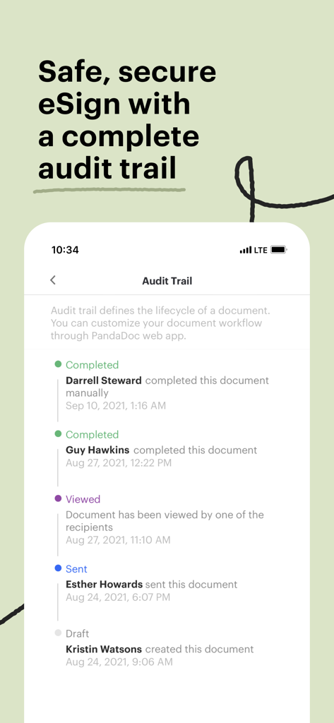 Interface of the PandaDoc app showing a detailed audit trail and lifecycle history for an electronic signature document