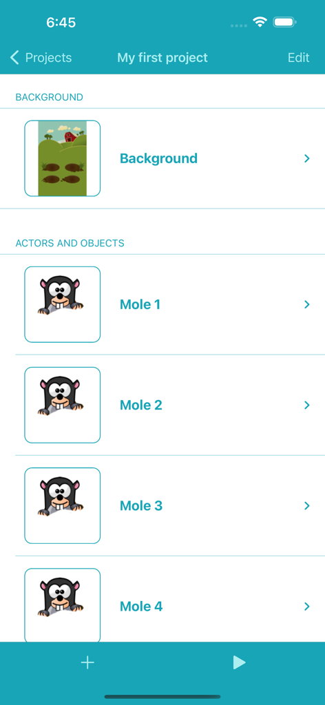 Pocket Code - Pocket Code app screen showing a game project with a farm background and mole character assets