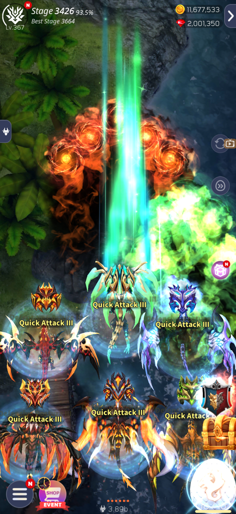 DragonSky : Idle & Merge - Dragons firing energy beams in a shooting action RPG battle within DragonSky Idle and Merge