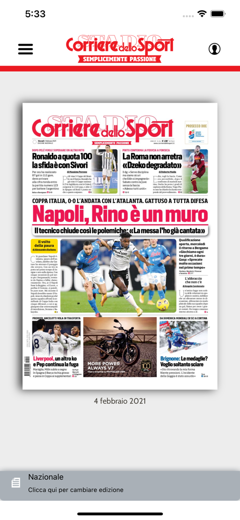 Corriere dello Sport HD - Réplica digital da capa do jornal Corriere dello Sport dentro do aplicativo móvel.