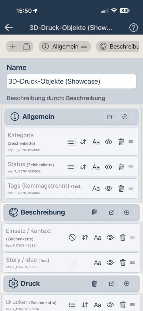 CollectAll Collections - Interface do usuário para organizar e definir campos personalizados para uma coleção de impressão 3D no aplicativo CollectAll.