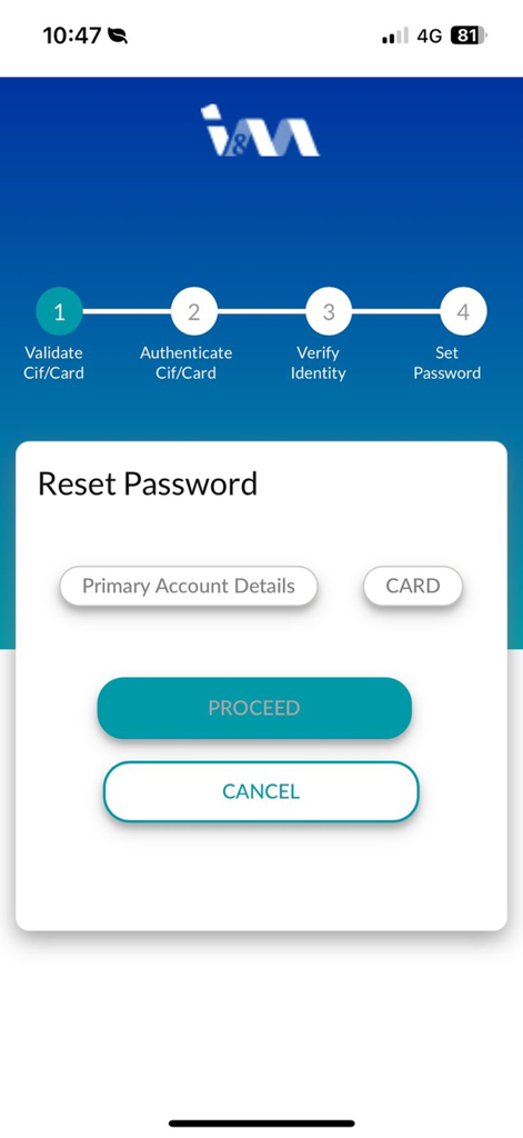 I&M Bank Rwanda - I&M Bank Rwanda mobile app reset password interface showing step by step account validation process