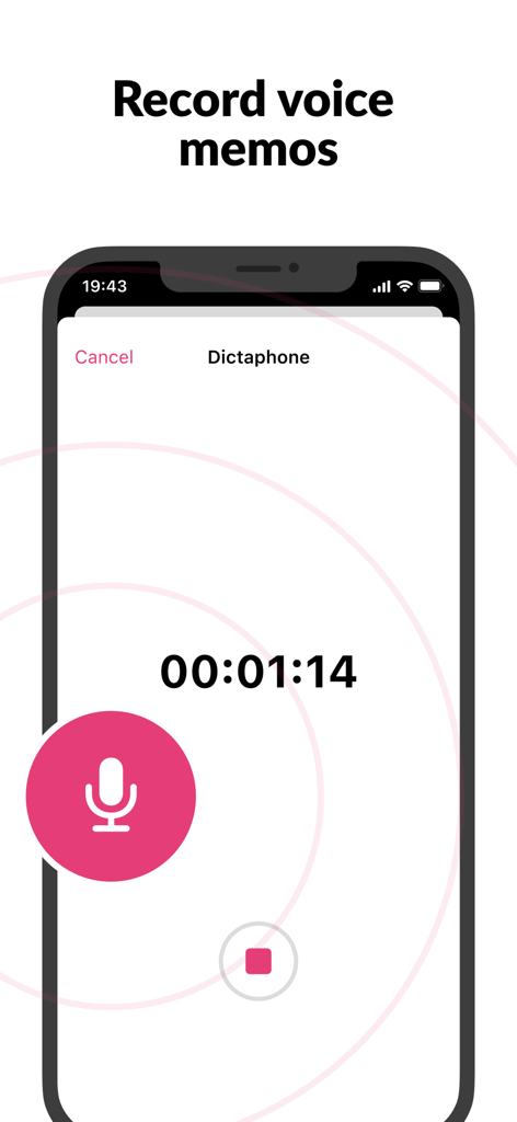 Interface of Cube ACR app showing the voice memo recording screen with a timer and microphone button.