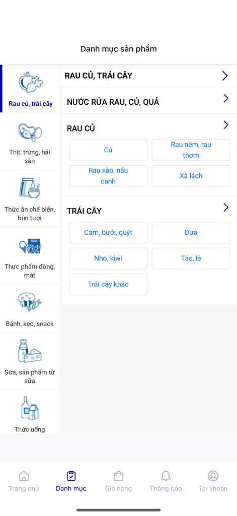Product category menu in the Co.op Online grocery shopping app