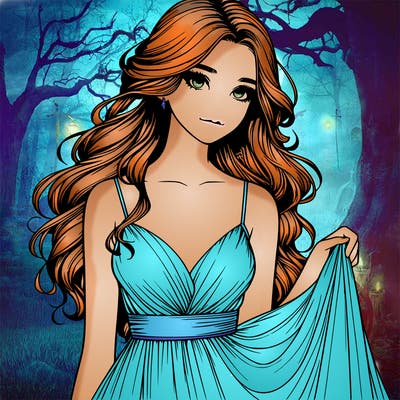 realistic girl in flowy silky prom dress