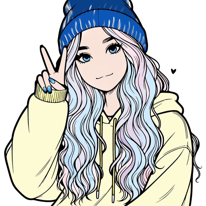 a teenage girl in a beanie, oversized sweatshirt, wavy long hair, and is showing a ✌️