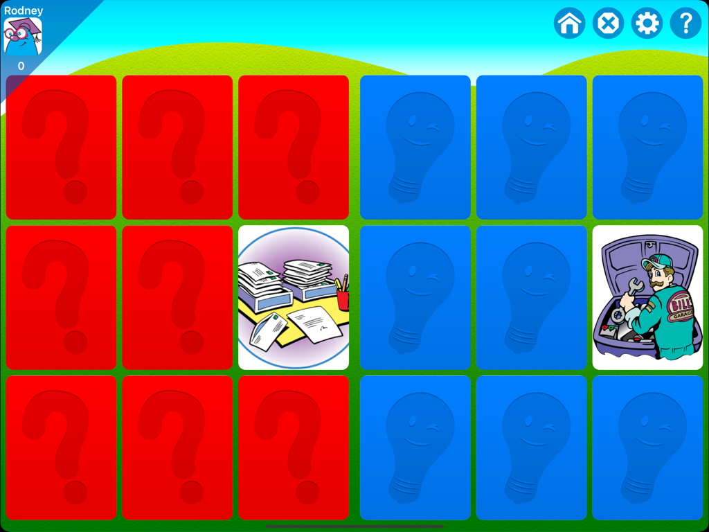 WH Question Cards - Pro: - Schermata di gioco di abbinamento con carte rosse e blu e illustrazioni colorate per la terapia del linguaggio