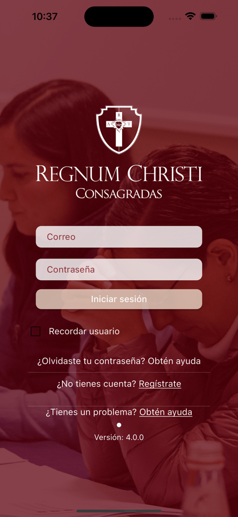 Login screen for the Consagradas Regnum Christi mobile application showing fields for email and password