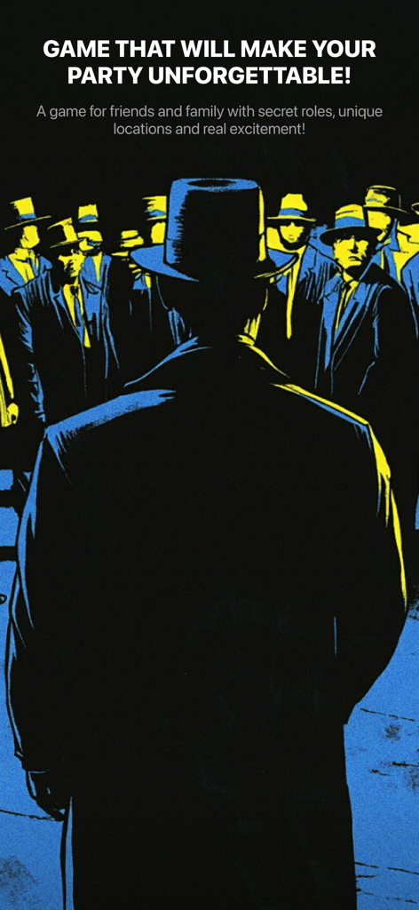 Spy: The Party Game - Illustrazione in stile noir di misteriosi uomini con cappelli per il gioco di festa Spy.