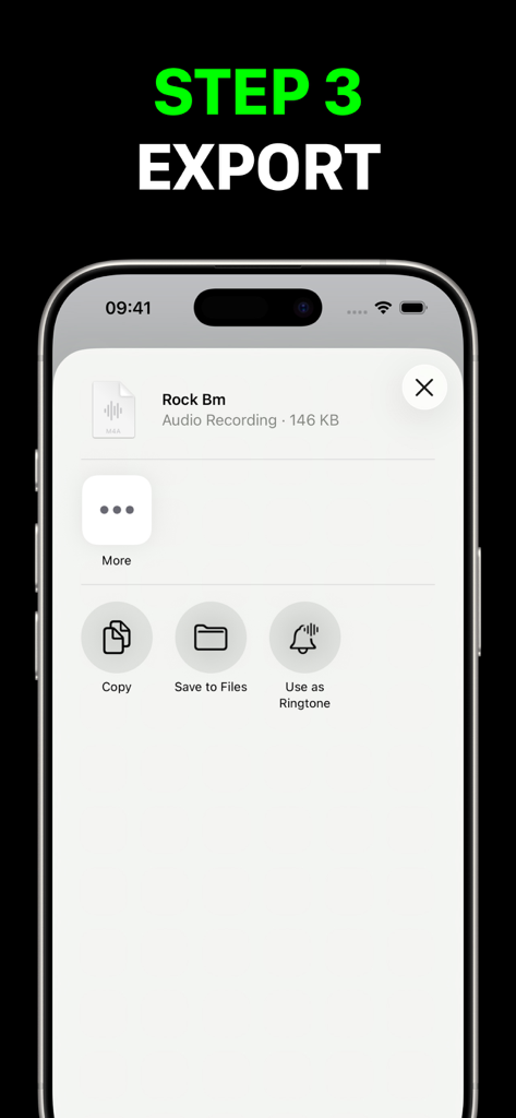 iPhone screen showing the final export step with options to copy, save to files, or use as a ringtone for a modified audio track.