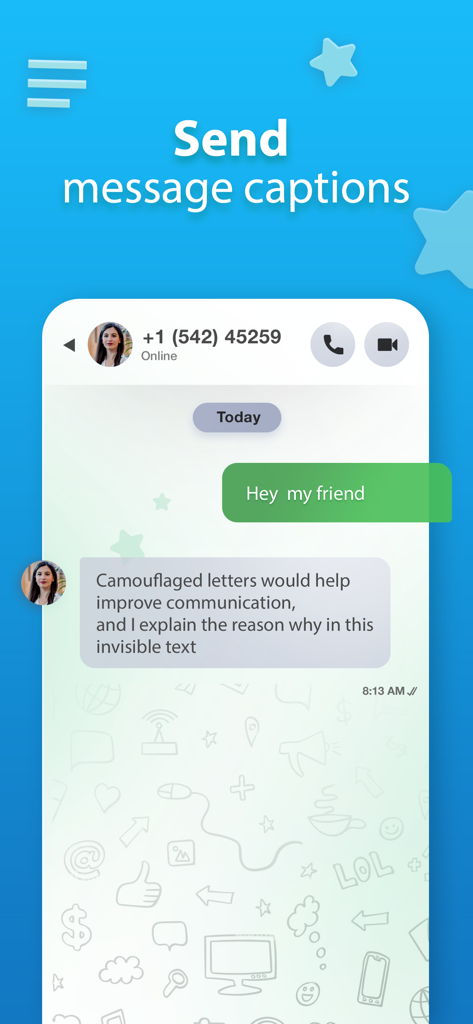 Capture d'écran de l'interface de l'application Whats plus montrant une conversation avec des légendes de messages personnalisées et des citations.