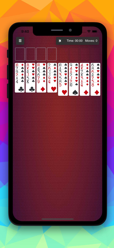 A clean and minimalist FreeCell solitaire game interface on a mobile phone