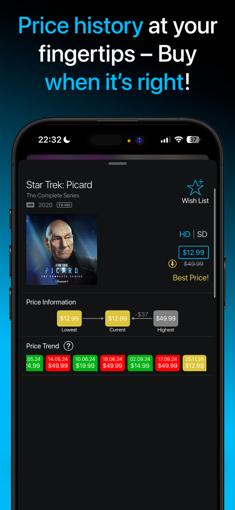 CheapCharts - Movie & TV Deals - Interfaz de la aplicación CheapCharts que muestra el historial y la tendencia de precios de Star Trek Picard