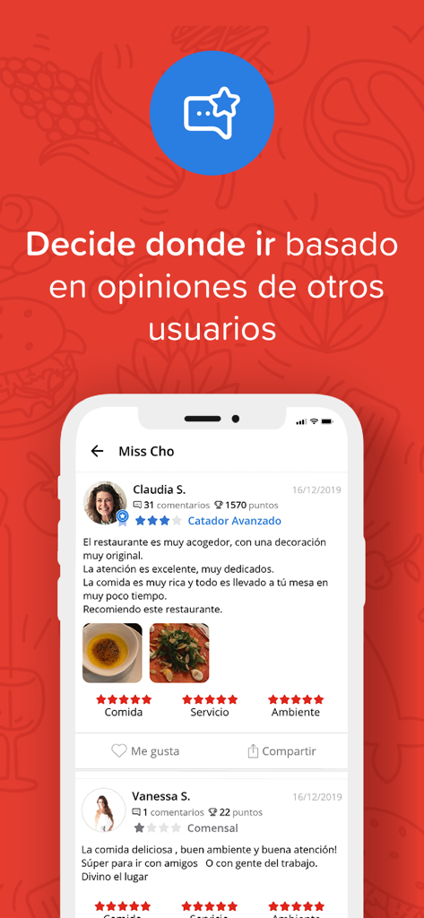 Degusta - Tela do aplicativo móvel Degusta mostrando avaliações de usuários para um restaurante com classificações por estrelas e fotos de comida em espanhol.