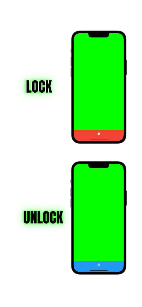 Green Screen & Blue Screen App - Dos pantallas de iPhone mostrando una pantalla verde brillante con etiquetas que indican el estado de bloqueo y desbloqueo de la pantalla