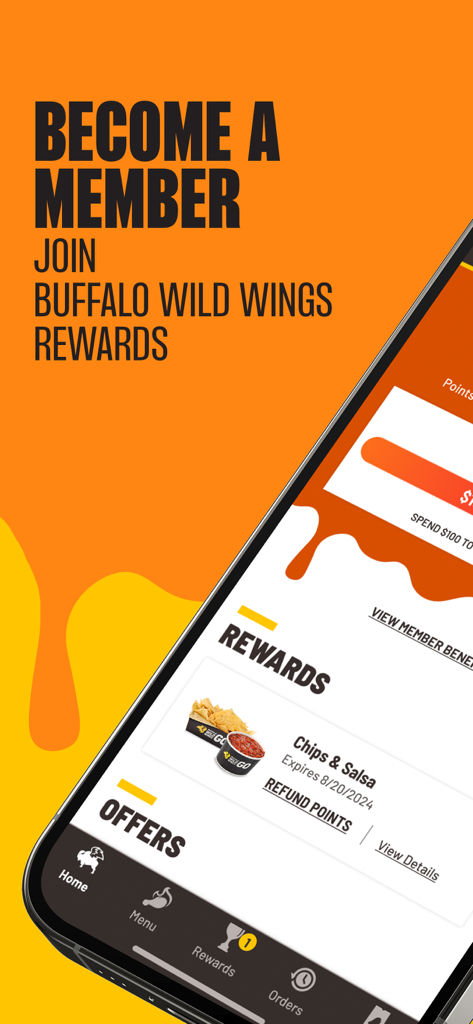 Interfaz de la aplicación Buffalo Wild Wings que muestra la pantalla de membresía de recompensas con ofertas de totopos y salsa.