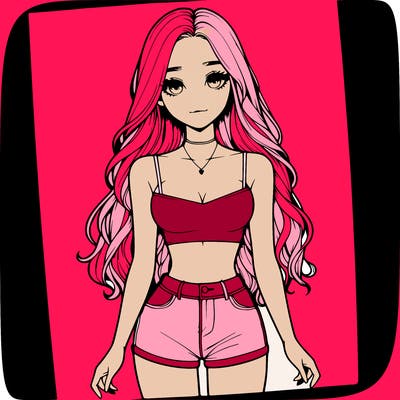a realistic girl with long hair and in a crop top and shprts