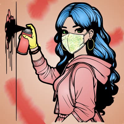 realistic girl with mask spray painting a wall
