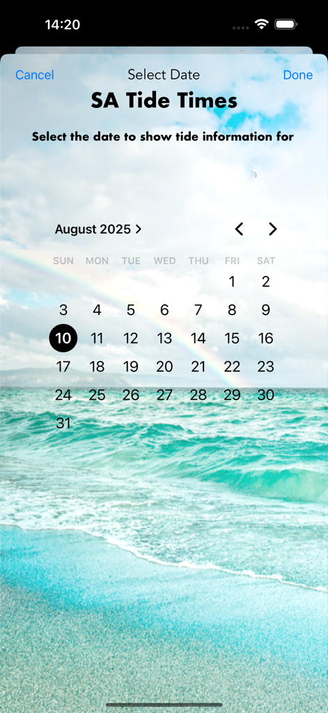 SA Tide Times - Calendar view for selecting dates to view tide times in South Australia.