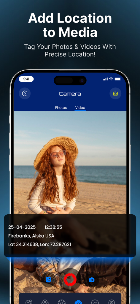 Mobile app interface showing the Add Location to Media feature with a geotagged photo including date time and GPS coordinates