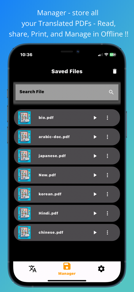 A screen showing the document manager with a list of saved PDF files translated into different languages for offline use.