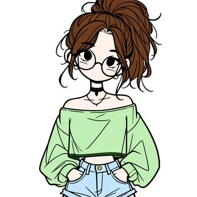 girl with a messy ponytail glasses a baggy crop top and jean shorts