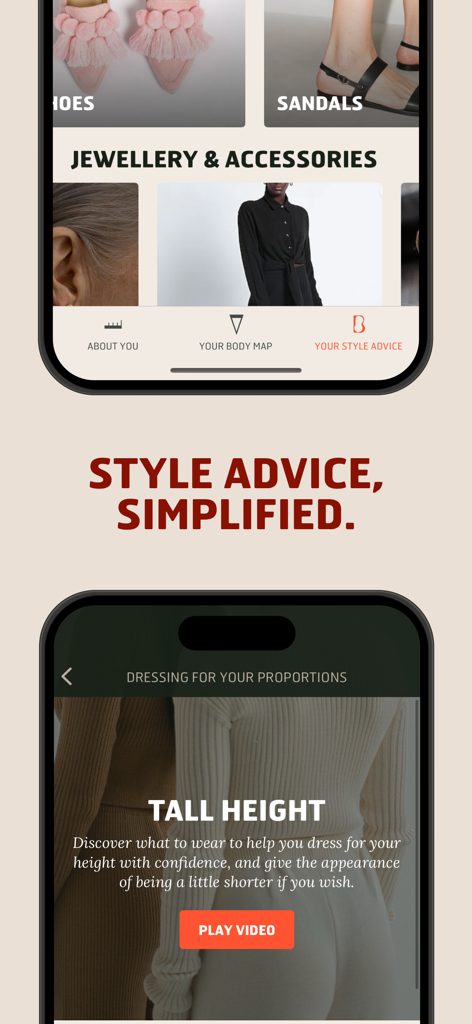 키가 큰 비율에 대한 개인화된 스타일 조언을 보여주는 Think Shape 모바일 앱