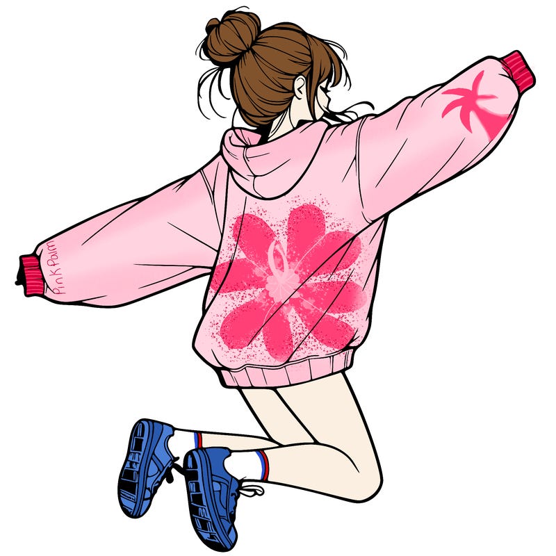 realistic girl jumping with a bun and oversized sweatshirt