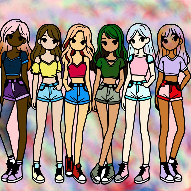 a group of girls wearing crop tops and shorts