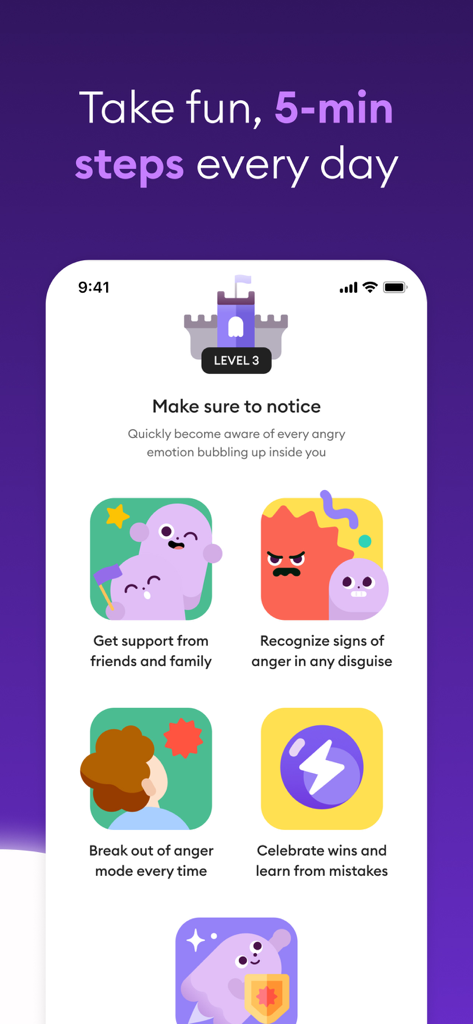 Ahead: Emotional Companion - Ahead app interface showing daily five minute steps for emotional intelligence and anger management exercises